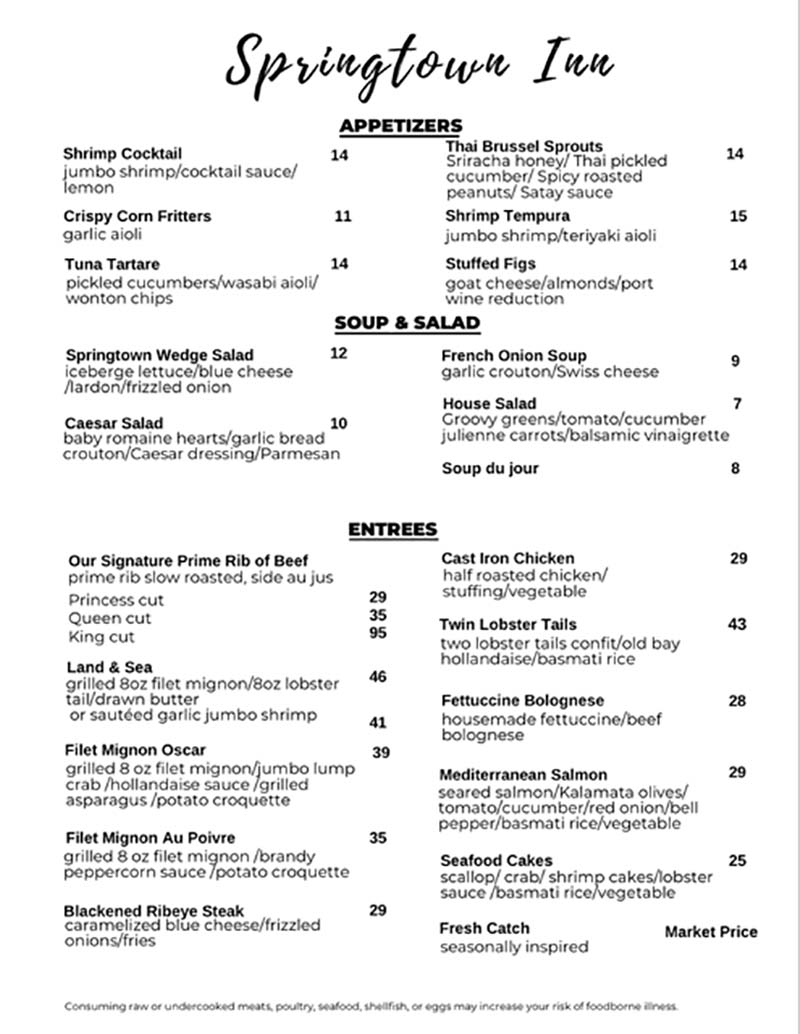 Springtown Inn Regular Menu